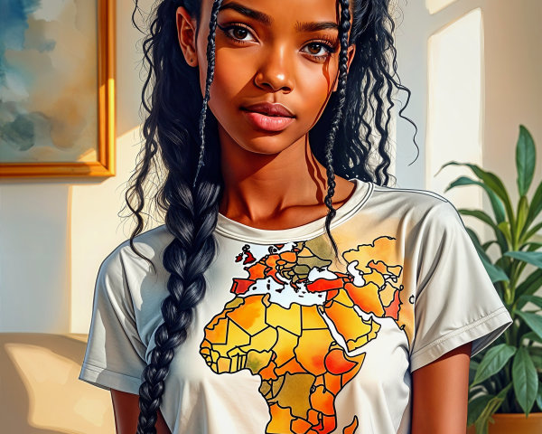 Young woman in sunlit room with colorful map shirt