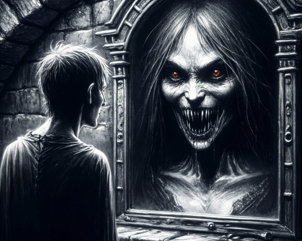 Boy in Dark Chamber with Eerie Mirror Reflection