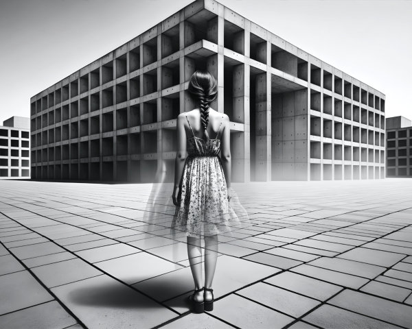 Solitary Figure in Black and White Urban Landscape