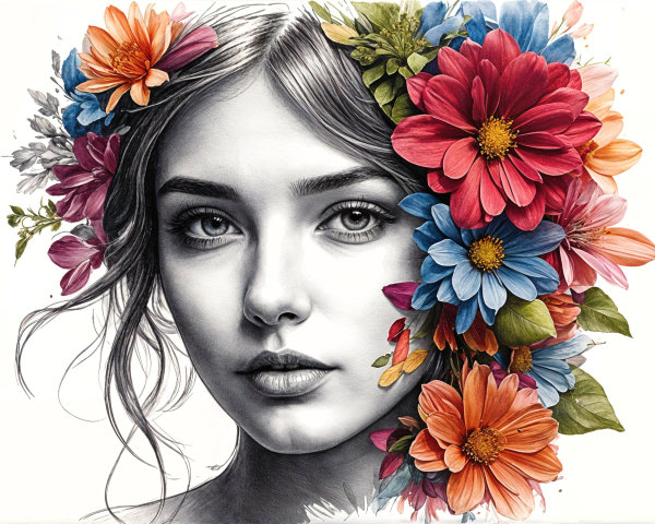 Young Woman Surrounded by Colorful Flowers Portrait