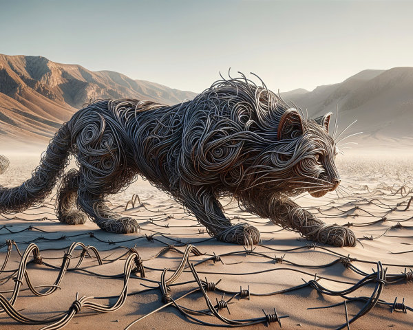 Surreal Landscape with Metallic Lion and Mountains