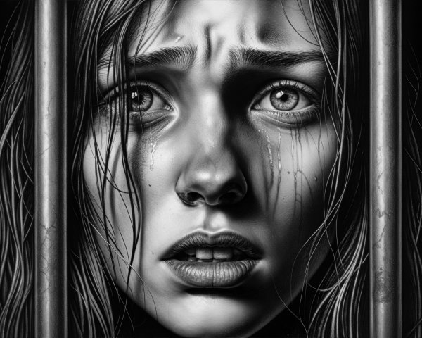 Black-and-white portrait of a young woman in despair