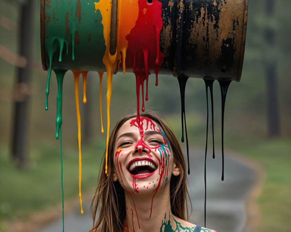 Joyful Woman Surrounded by Colorful Paint Drips