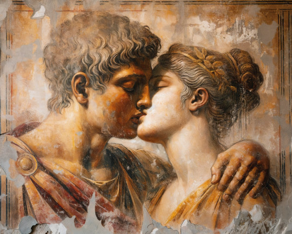 Classical fresco of a tender kiss between figures
