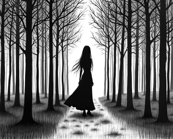 Silhouette of a girl in a forest with ghostly light