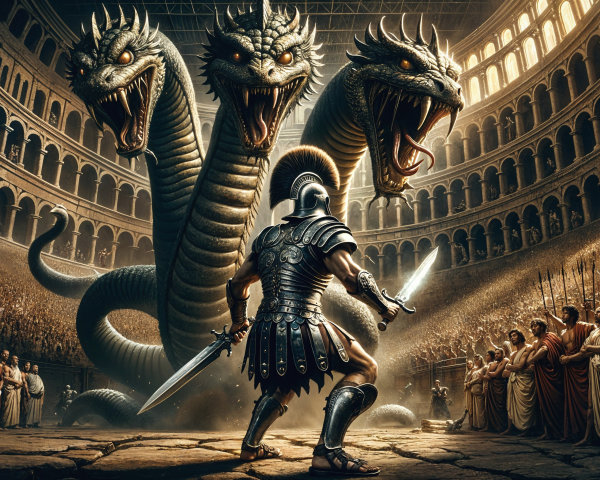 Gladiator Faces Three-Headed Dragon in Arena