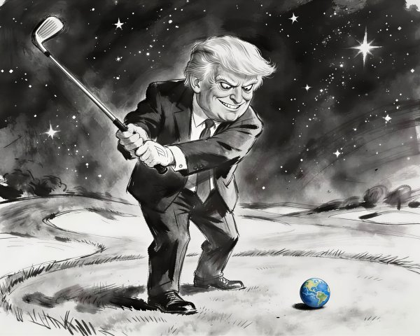 Political Cartoon of Golfing Figure with Earth Ball