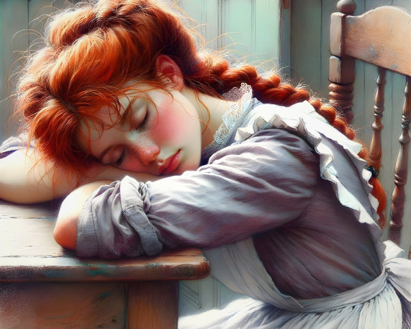 Young girl with red hair asleep on wooden table