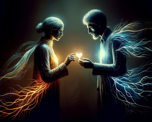 Figures Sharing Heart-Shaped Light in Mystical Setting