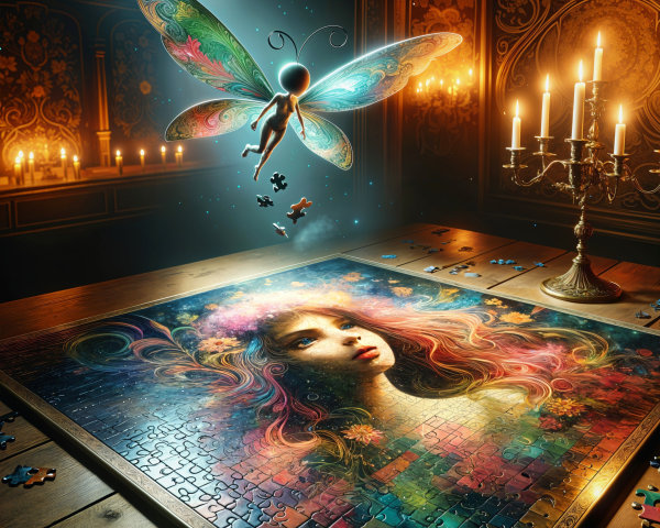 Whimsical Fairy and Jigsaw Puzzle in Dim Room