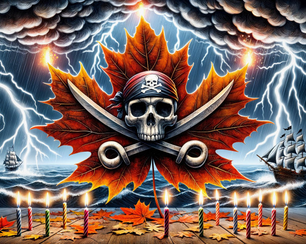 Pirate Skull with Crossed Swords and Autumn Elements