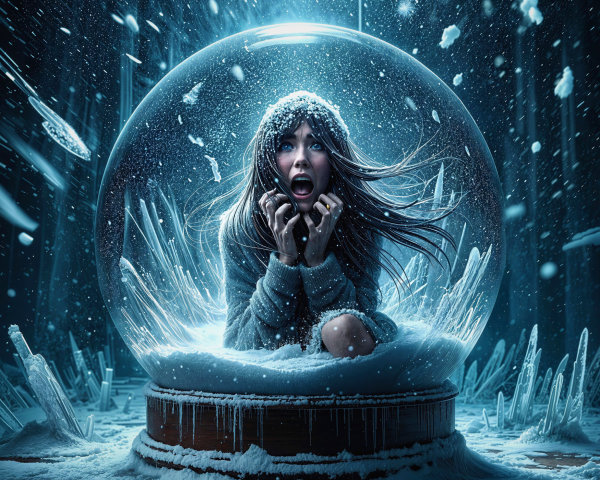 Young Woman Trapped in Snow Globe with Dark Landscape