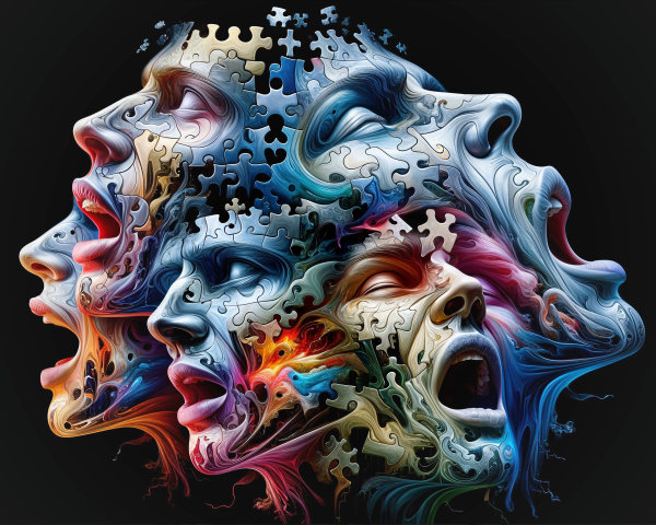 Surreal Composition of Intertwined Human Faces and Nature