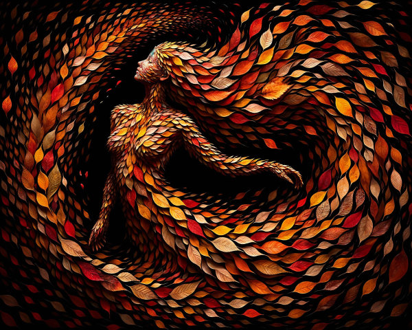 Woman Formed from Vibrant Autumn Leaves in Motion