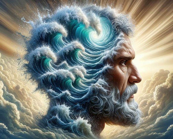 Majestic figure with gray hair and ocean waves