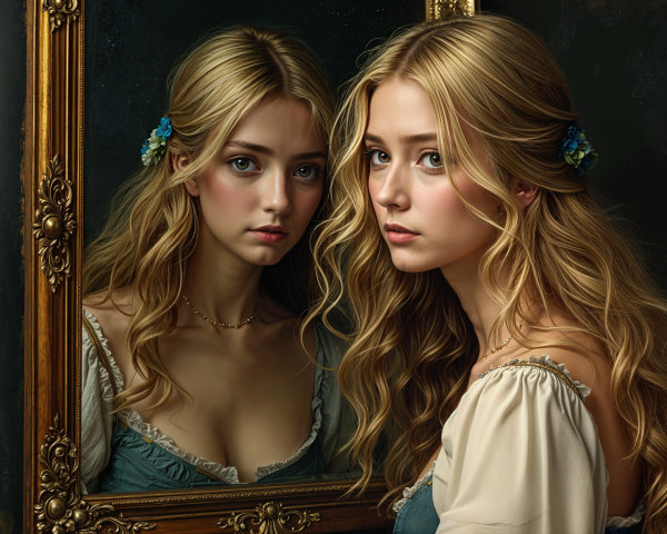 Young woman reflecting in vintage mirror with flowers