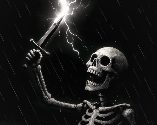 Skeletal Figure in Rain with Sword and Lightning Bolt