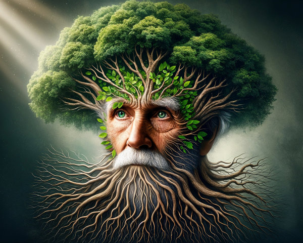 Elderly Face Merging with Nature Elements and Light