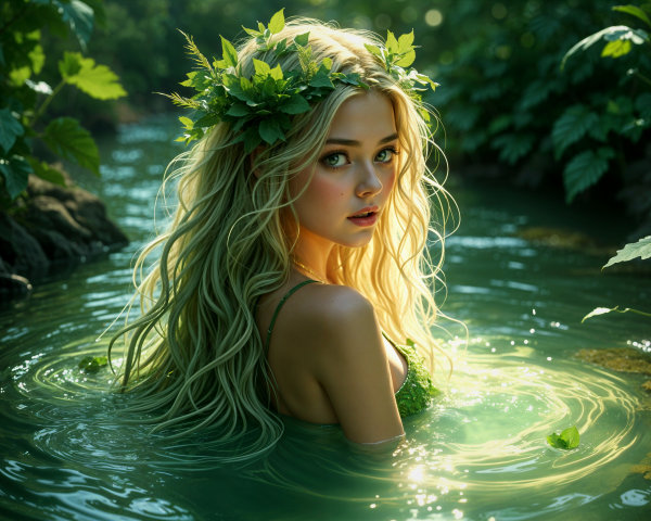 Young woman in a forest pool with flowing blonde hair