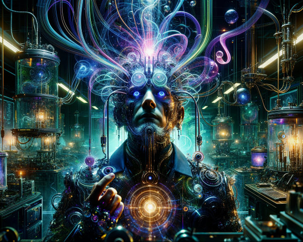 Futuristic figure in a high-tech laboratory setting