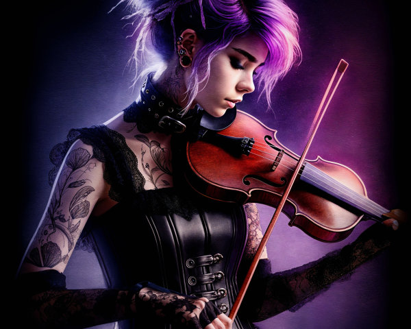 Young Woman with Purple Hair Playing Violin in Gothic Style