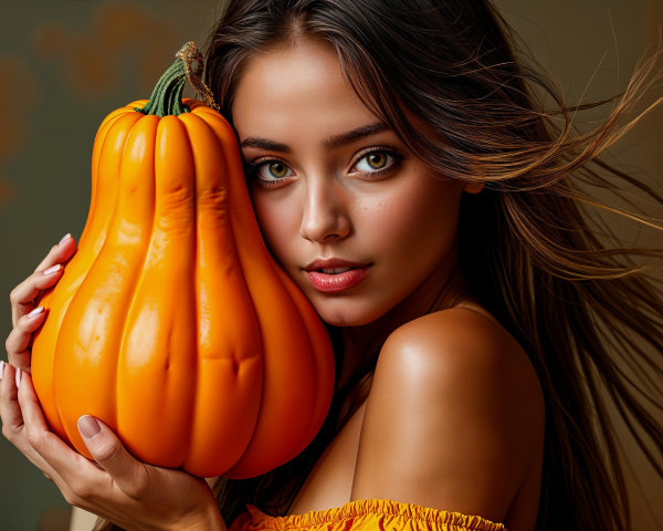 Young woman with pumpkin in soft yellow top