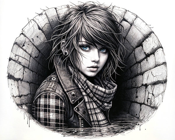Young woman in leather vest emerging from brick tunnel