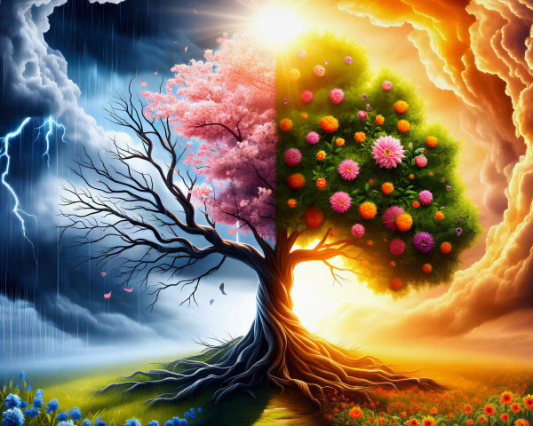 Tree Divided by Seasons: Winter and Summer Contrast