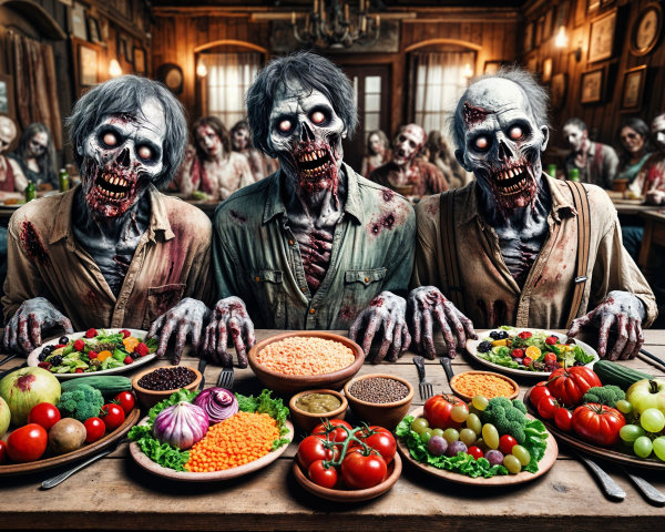 Zombies at a Colorful Dining Table in Rustic Room