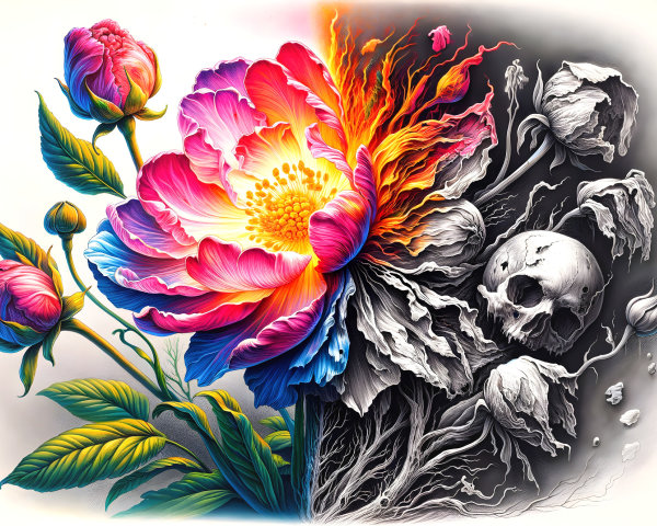 Dual Design of Vibrant Blooms and Dark Skull