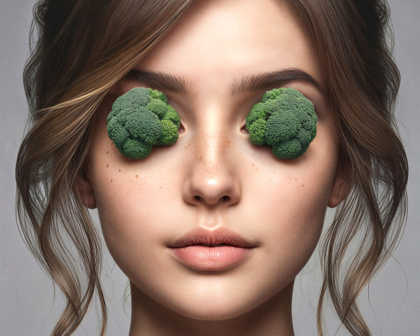 Close-up portrait of a woman with broccoli florets