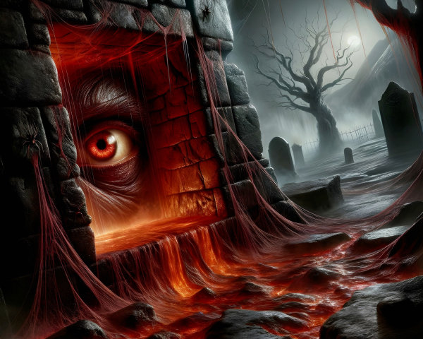 Ominous Landscape with Fiery Portal and Graves