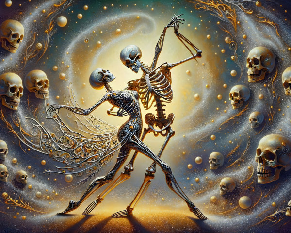 Surreal Dance of Skeletons in Cosmic Backdrop