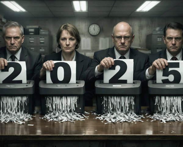 Middle-aged individuals shredding numbers for 2025