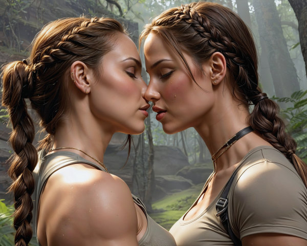 Women with Braided Hairstyles in Forest Setting