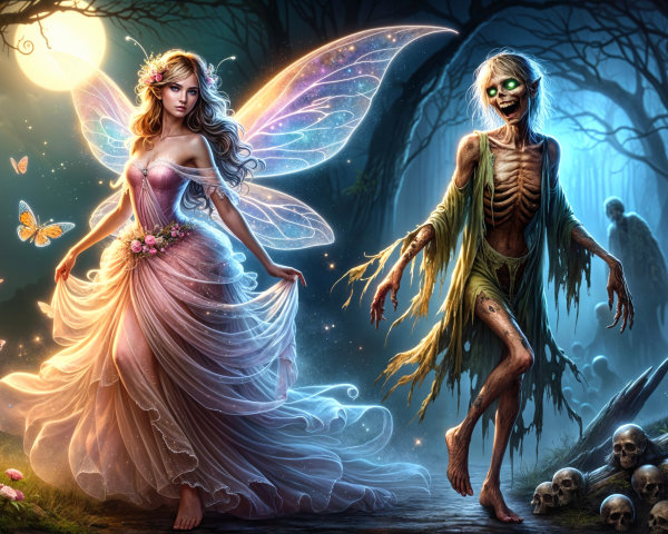Fairy and Skeletal Figure in Enchanted Forest Scene