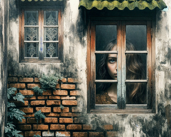 Weathered Building with Rustic Windows and Vines