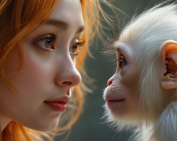 Close-Up of Young Woman and White Monkey Interaction