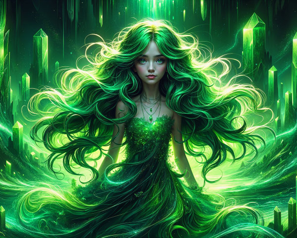 Mystical figure in surreal landscape with emerald crystals