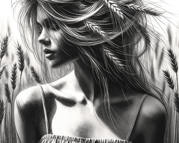 Black-and-white portrait of a woman with wheat stalks