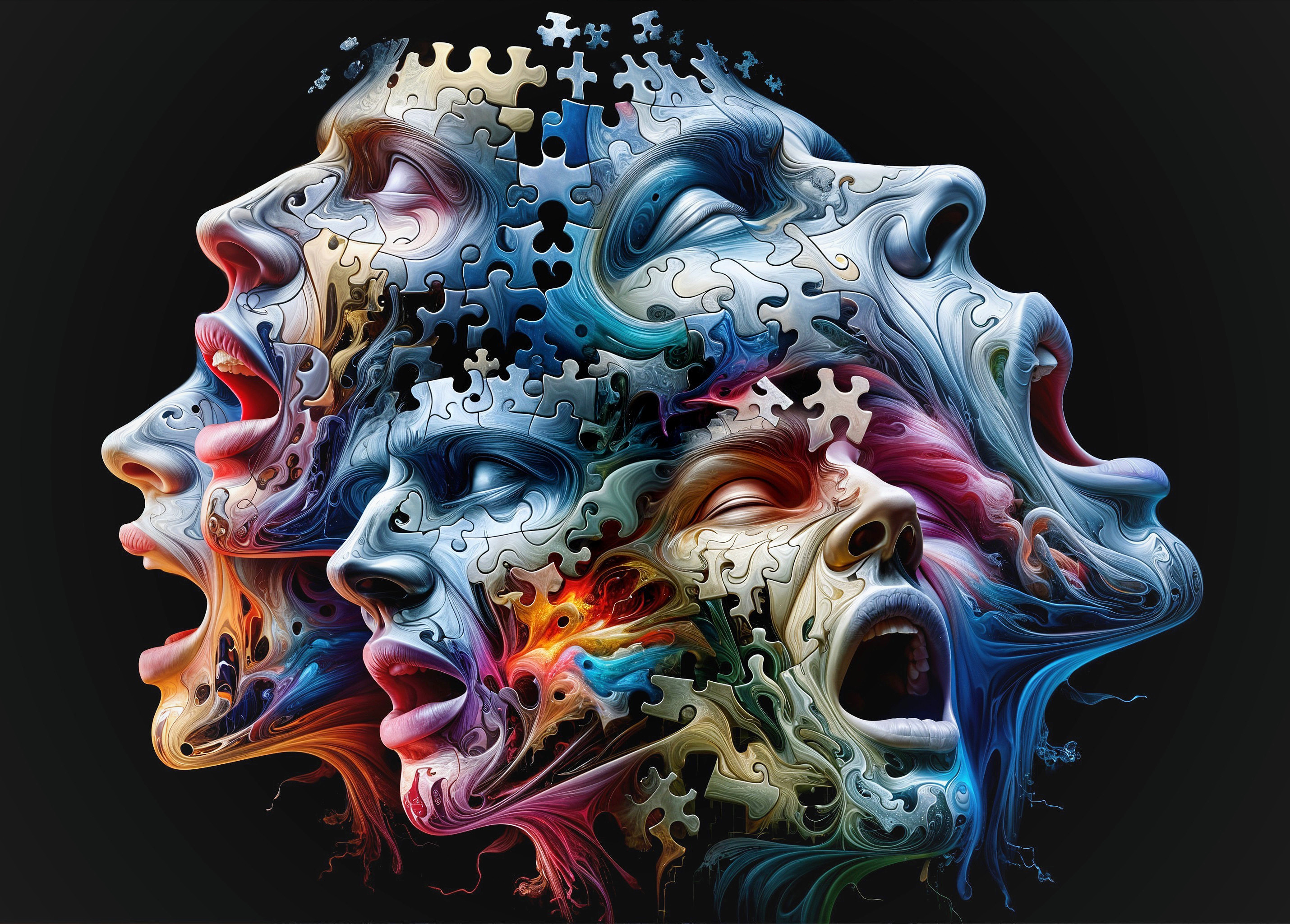 Surreal Composition of Intertwined Human Faces and Nature