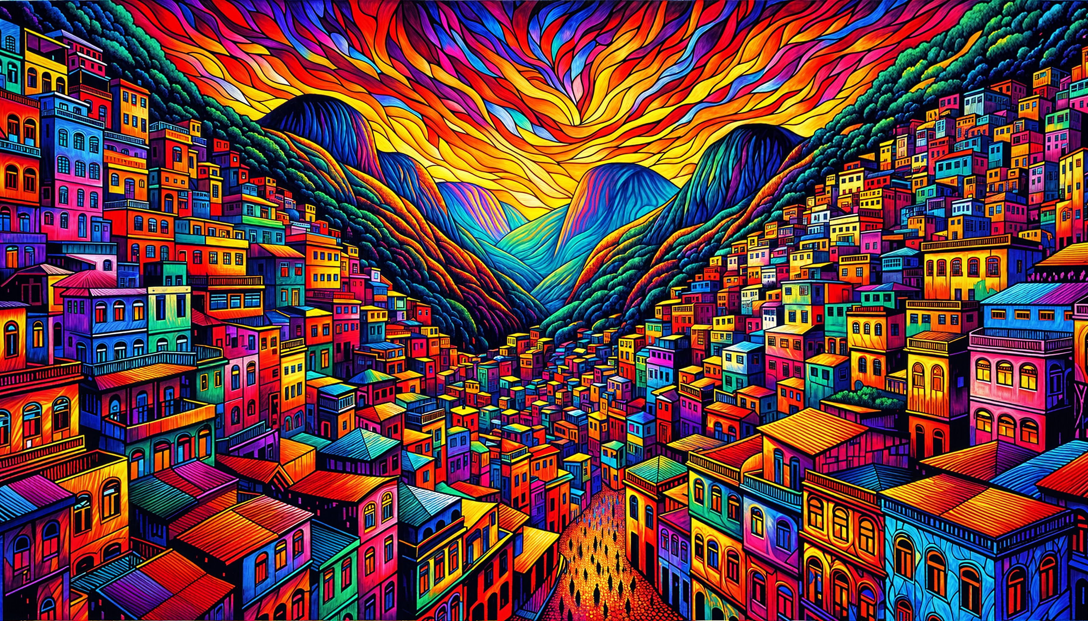 Vibrant City Landscape Between Two Mountains at Sunset