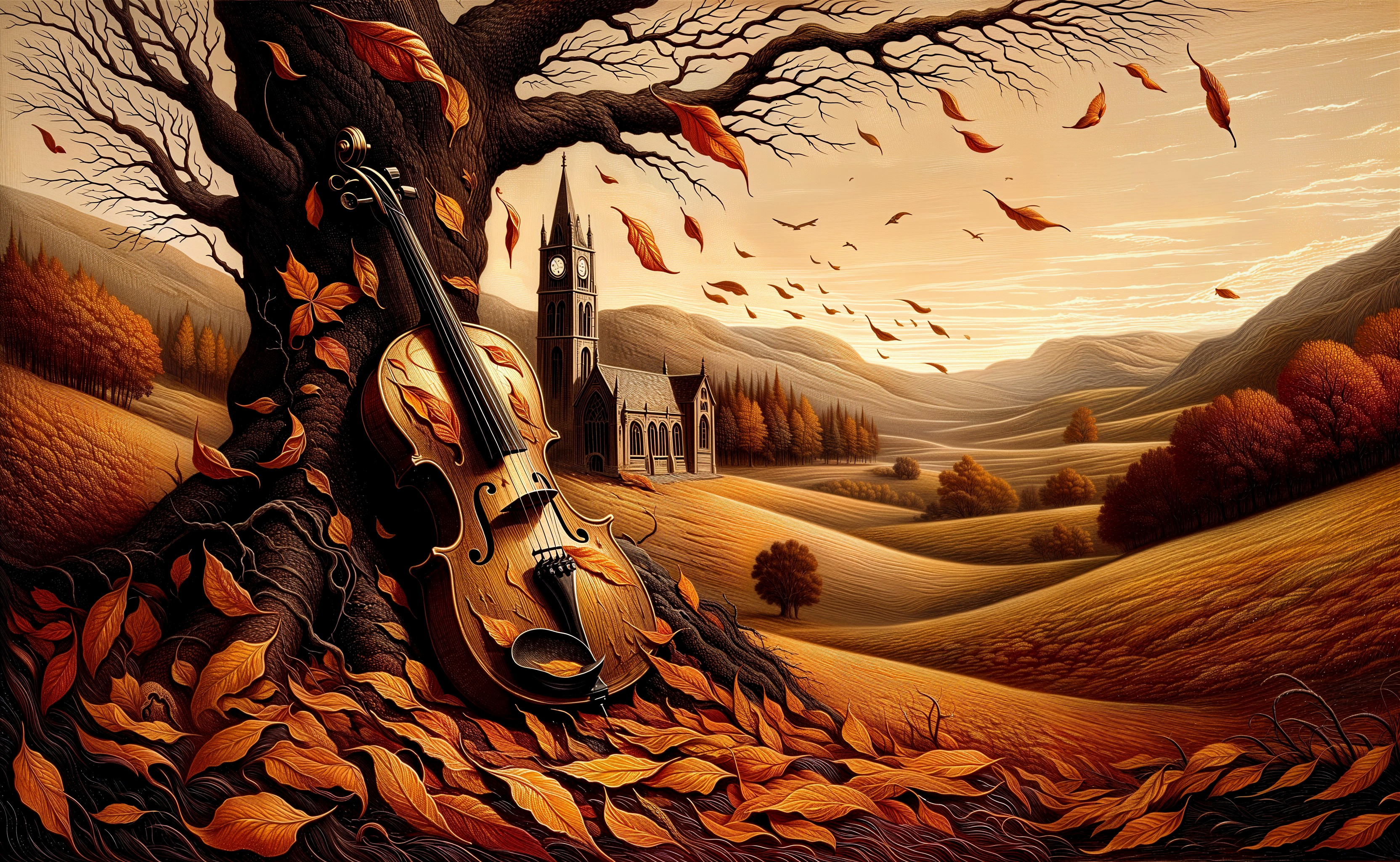 Autumn Landscape with Tree, Violin, and Church Steeple