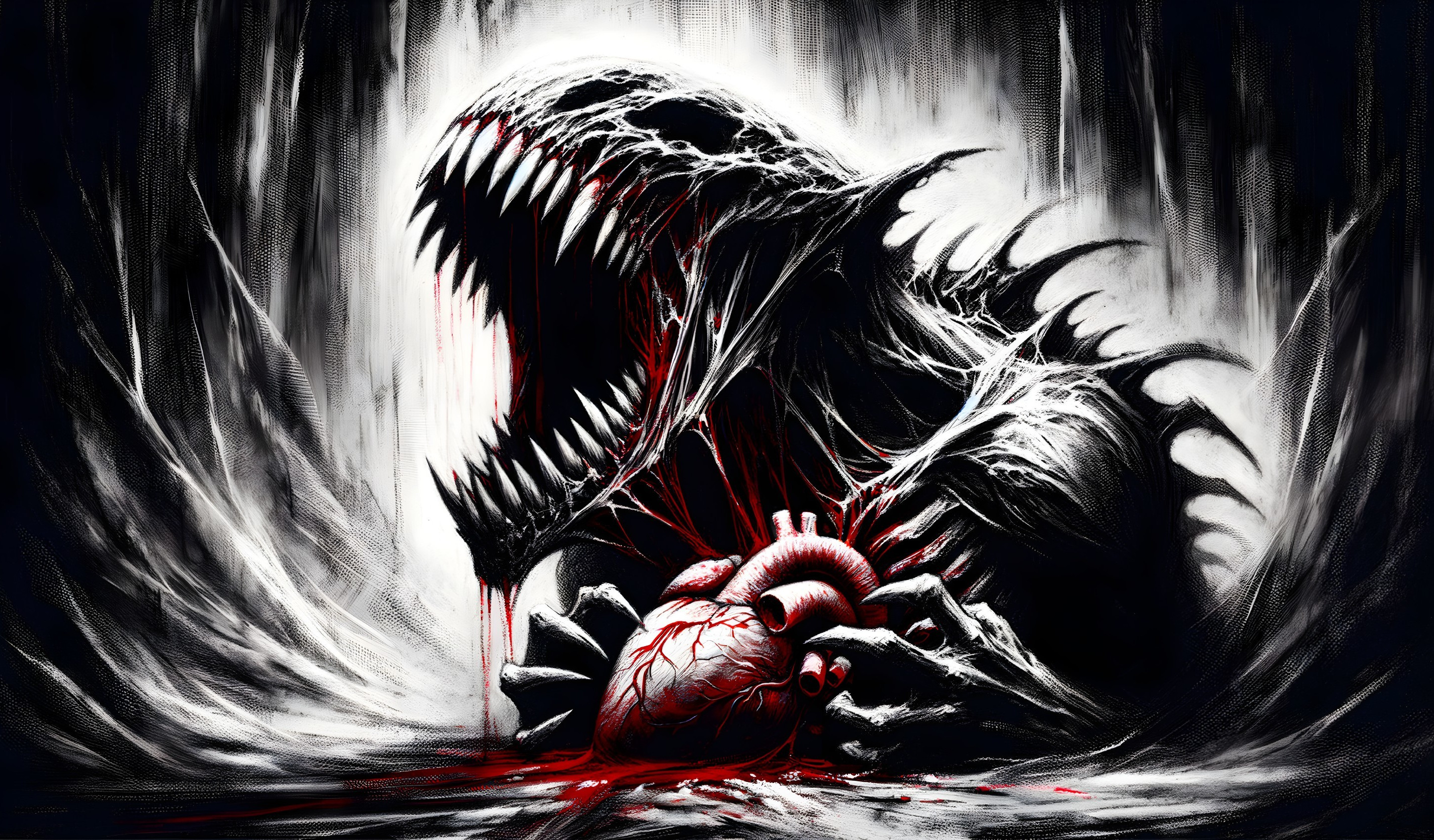 Monstrous Dark Creature with Red Heart in Chaotic Scene