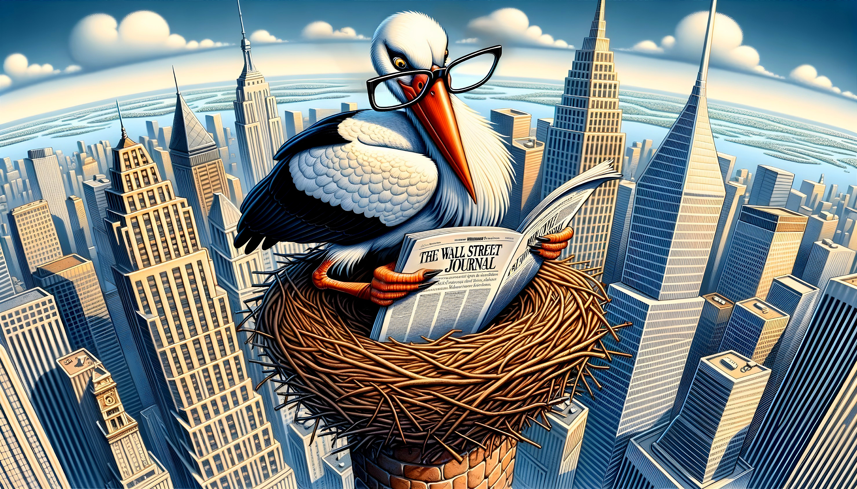 Whimsical Stork Illustration on Skyscraper Nest