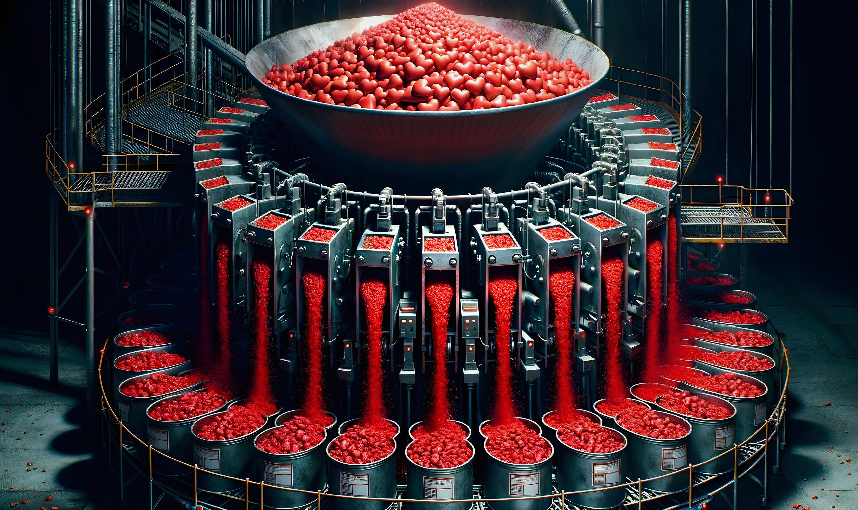 Industrial Machine Processing Vibrant Red Hearts