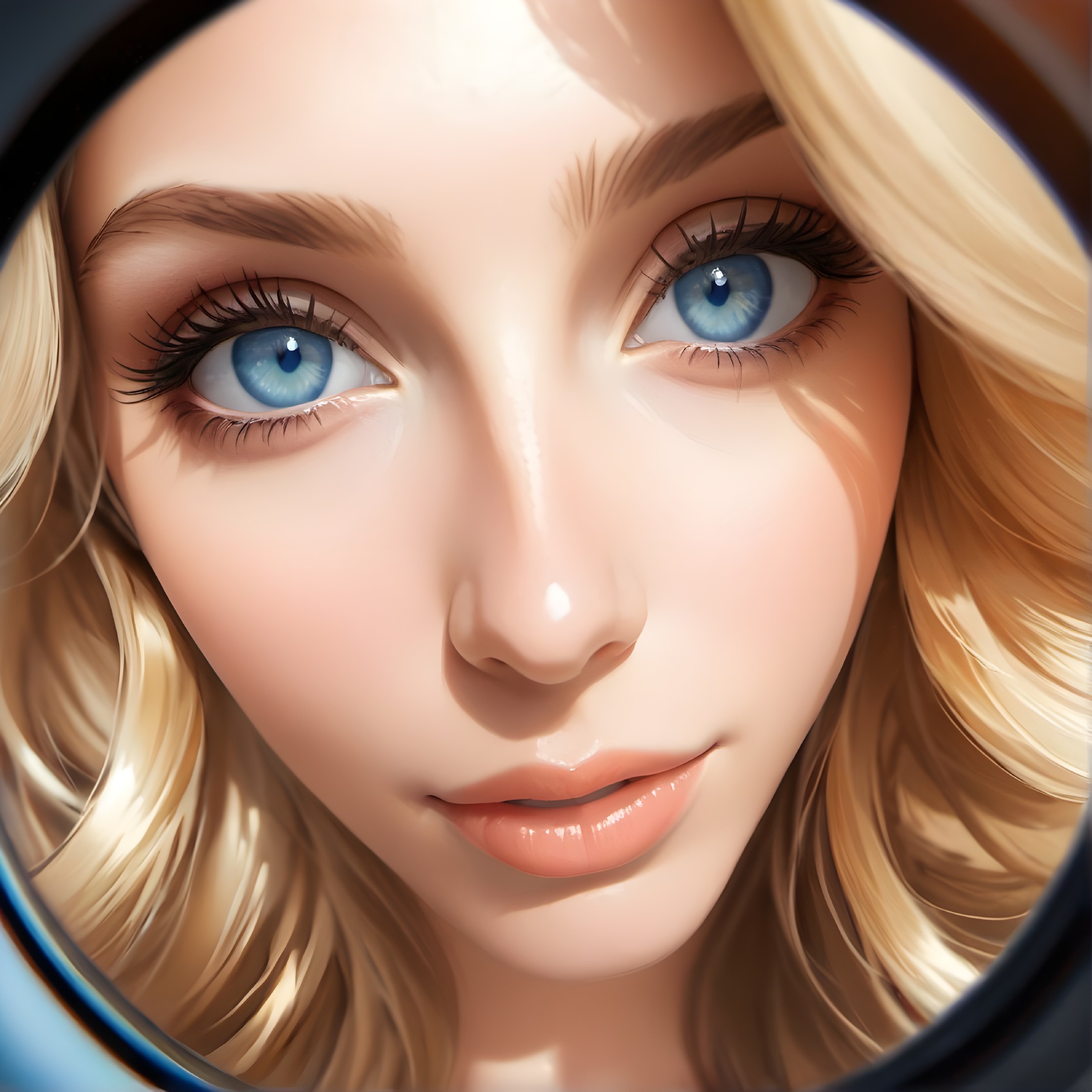Detailed digital illustration: Female face with blue eyes, blonde hair, subtle smile