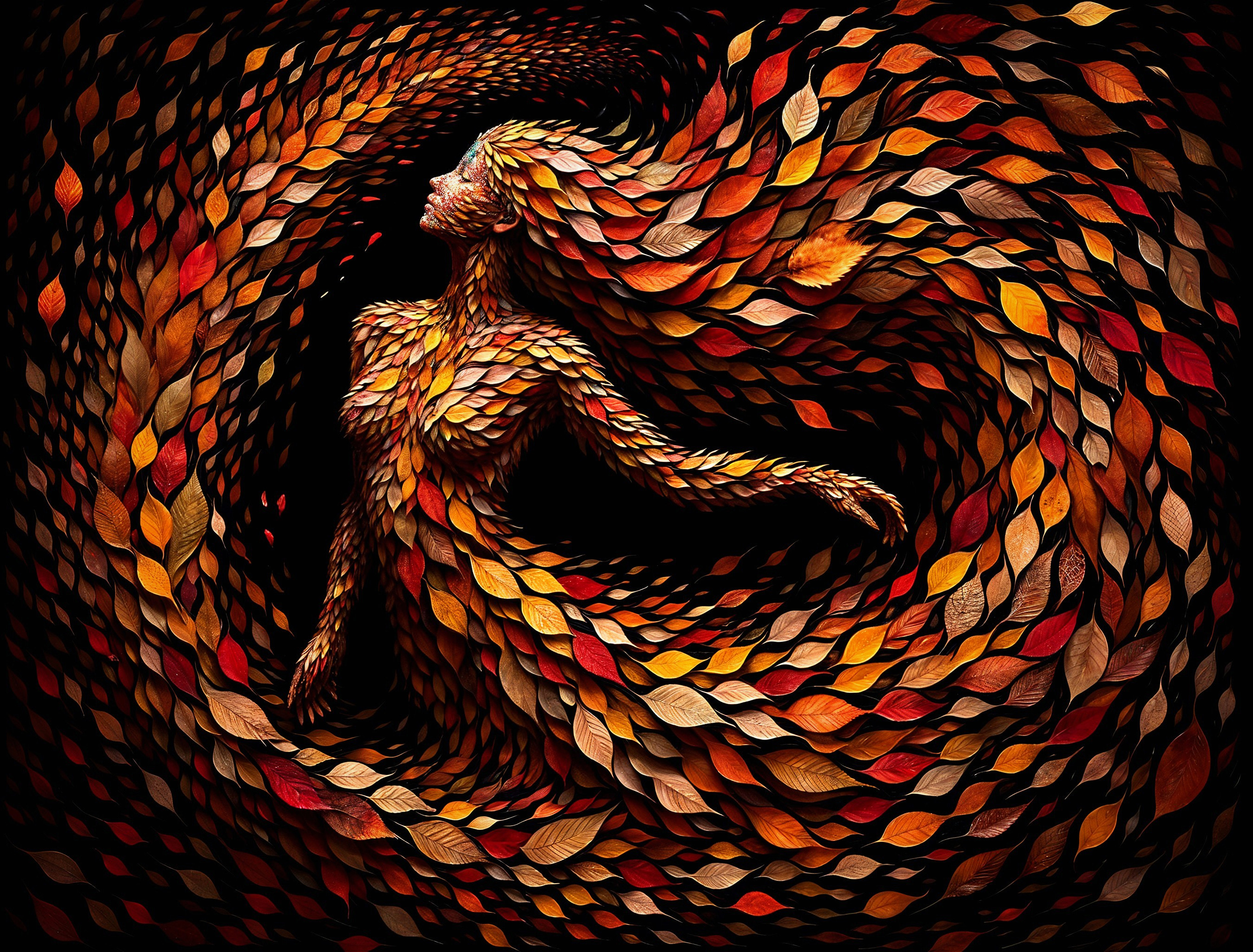 Woman Formed from Vibrant Autumn Leaves in Motion