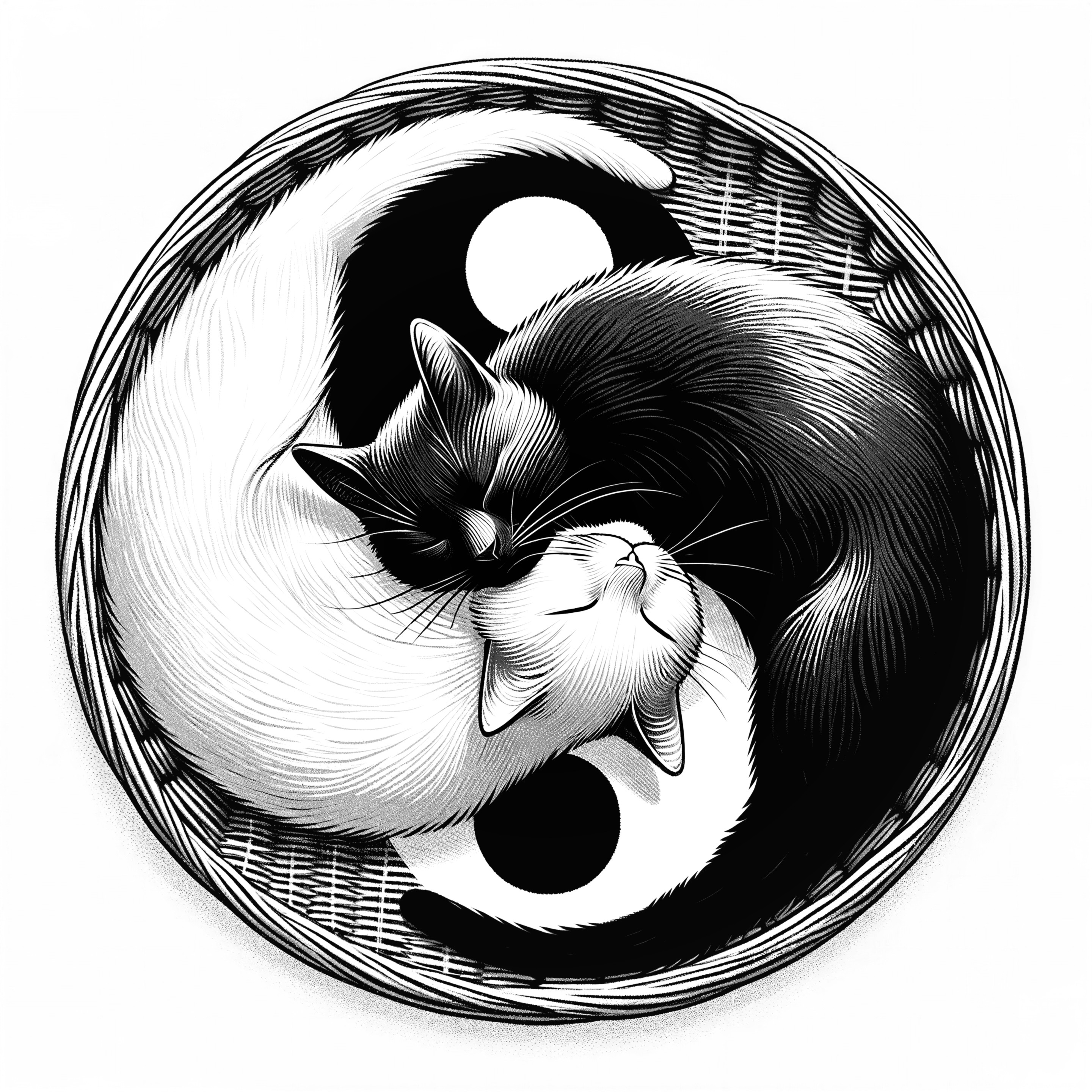 Cats in Yin and Yang Symbol Inside Woven Basket