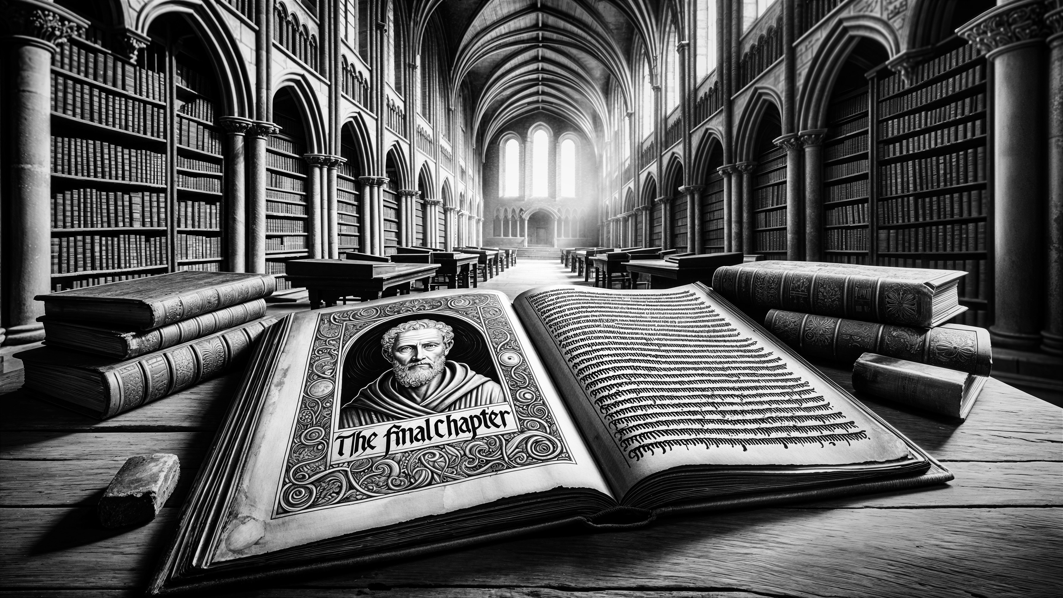 Ornate Book in Dimly Lit Library Setting